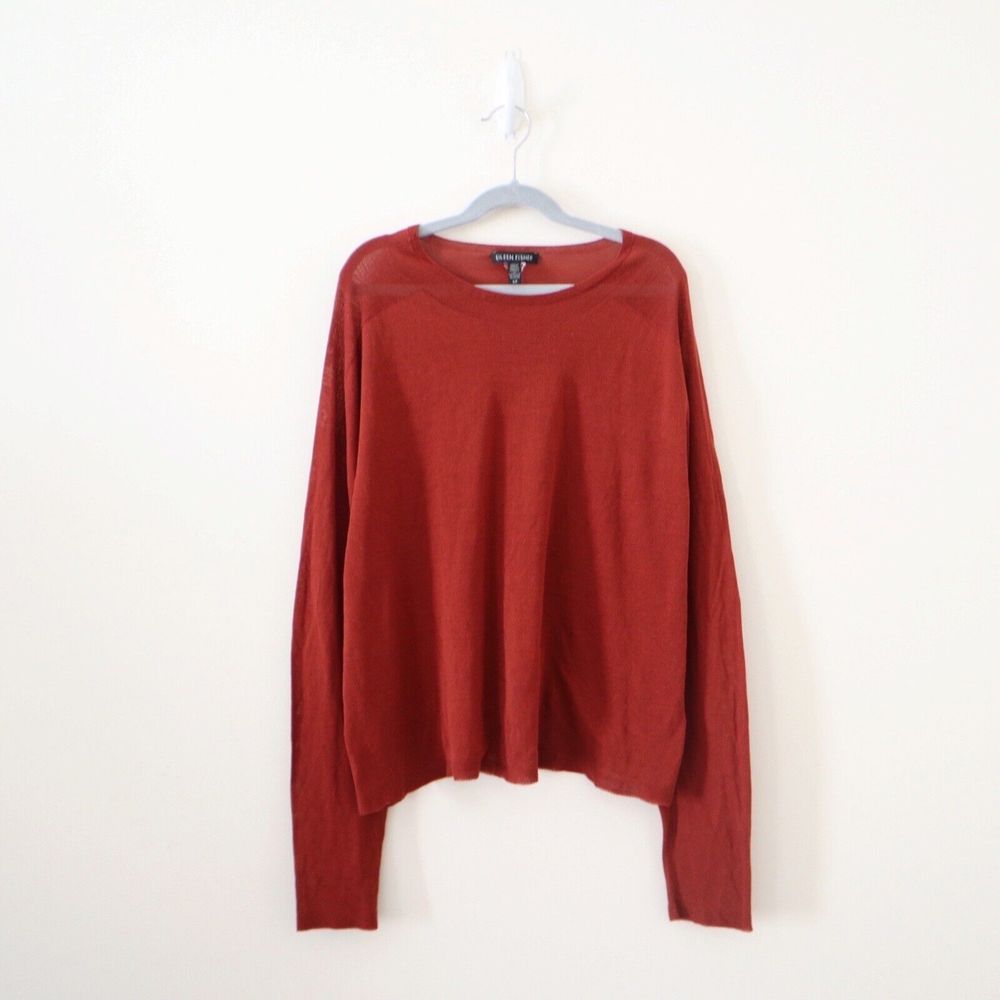 Eileen Fisher Size S Seamless Sleek Tencel Knit Jewel Neck Top Rust Copper Red - Picture 2 of 10